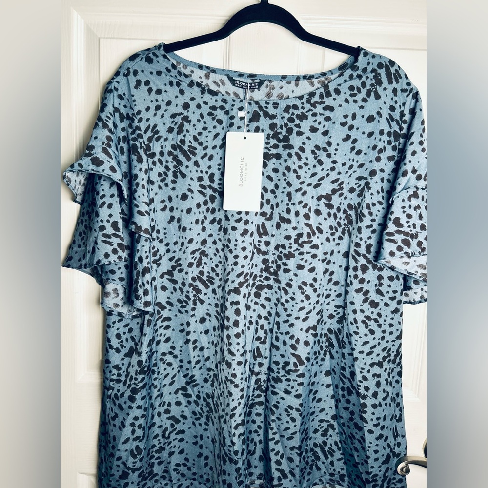 BloomChic Blue and Black Dotted Ruffle Sleeve Blouse - Picture 9 of 11